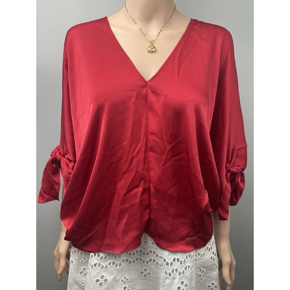 Ramy Brook NY Red Satin Silky Poncho Blouse Top Women XS Batwing Tie Sleeve